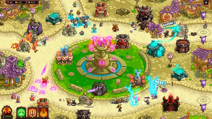 Screenshot du jeu Kingdom Rush Vengeance, un titre de stratégie où des tours défensives affrontent des ennemis sur une carte en vue supérieure, avec des effets visuels comme des éclairs bleus et des flammes rouges.