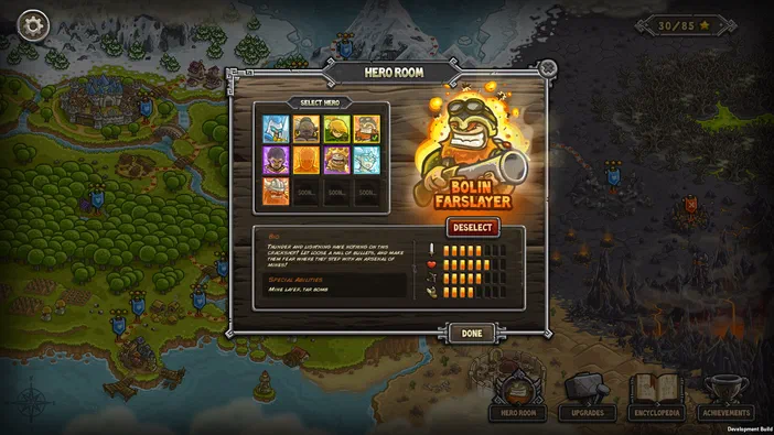 Capture d'écran du jeu vidéo Kingdom Rush affichant la salle des personnages où le guerrier nommé Bolin Farslayer est mis en avant avec son portrait animé et ses statistiques sur un fond de carte stylisée.