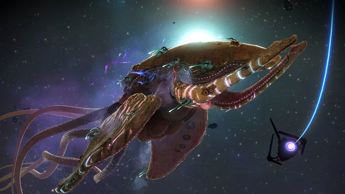 Une créature alien géante flottant dans l'espace à côté d'un petit vaisseau spatial.