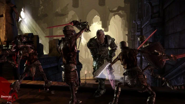 Scène de combat du jeu vidéo Dragon Age: Origins où un personnage principal entouré d'ennemis squelettiques brandissant des épées rouges dans un décor gothique sombre.