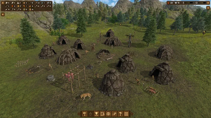 Capture d'écran du jeu vidéo Dawn of Man montrant un campement préhistorique avec des huttes, des personnages humains, des animaux comme des loups, et divers objets tels que des arcs et des outils en pierre sur une plaine herbeuse.