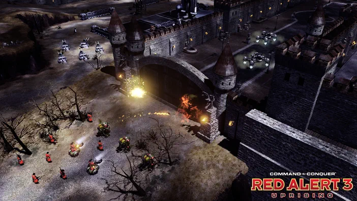 Capture de jeu vidéo Command & Conquer Red Alert 3 Uprising montrant une bataille stratégique avec des troupes et véhicules devant un château en pierre.
