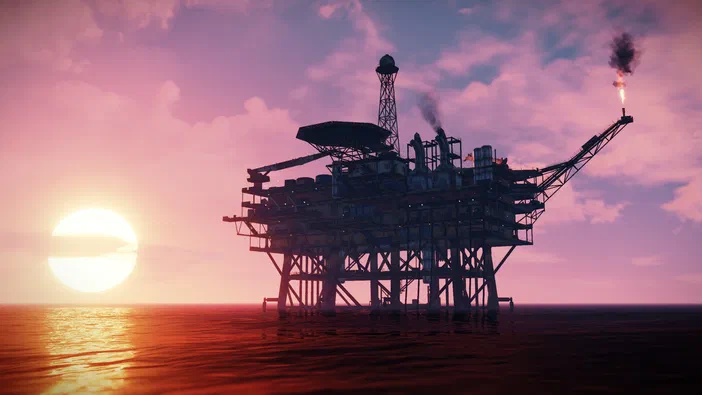 Rust : une plateforme pétrolière en mer au coucher du soleil avec un feu de gazier.