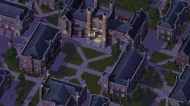 Vue isométrique d'un quartier urbain composé de bâtiments en briques rouges et de rues pavées dans le jeu SimCity 4 Deluxe.