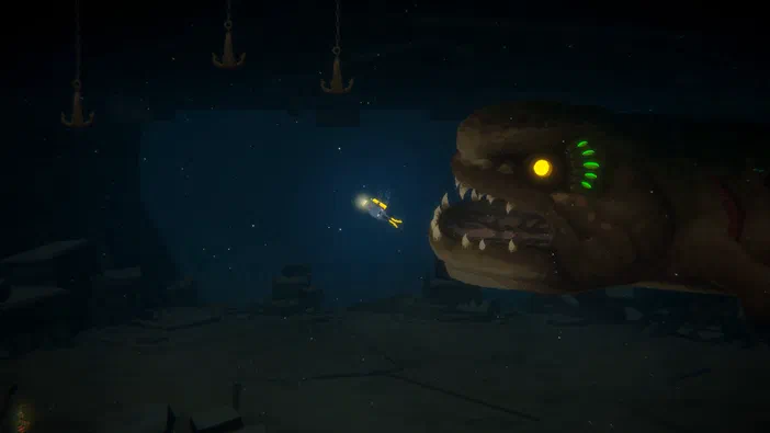 Dans Dave the Diver, un plongeur avec un casque lumineux se dirige vers la droite où apparaît le visage d'un grand poisson aux dents acérées dans une ambiance sombre.