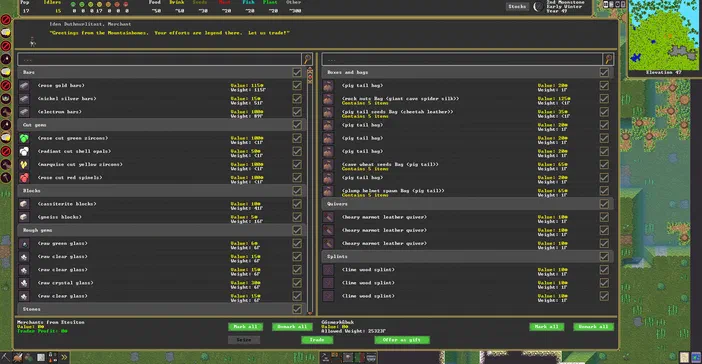 Capture d'ecran du jeu Dwarf Fortress affichant une interface textuelle divisee en deux colonnes listant divers objets commerciaux comme des barres et des gemmes, avec un message de dialogue venant d'un marchand au-dessus.