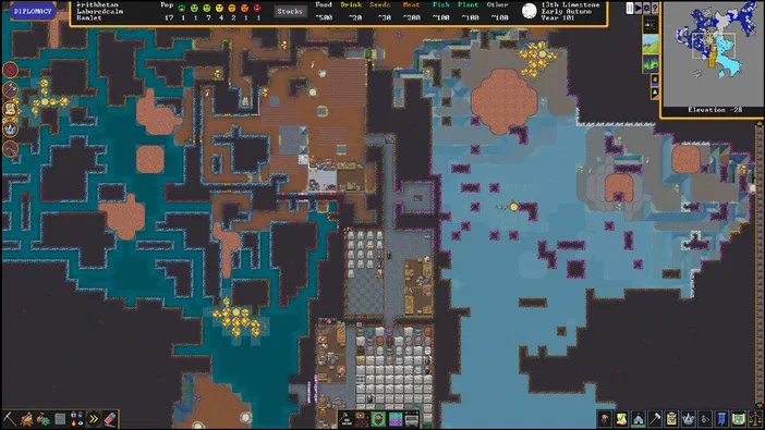 Capture d'écran du jeu vidéo Dwarf Fortress affichant une vue isométrique d'une colonie de nains construite sur la surface avec entrepôts et bâtiments.