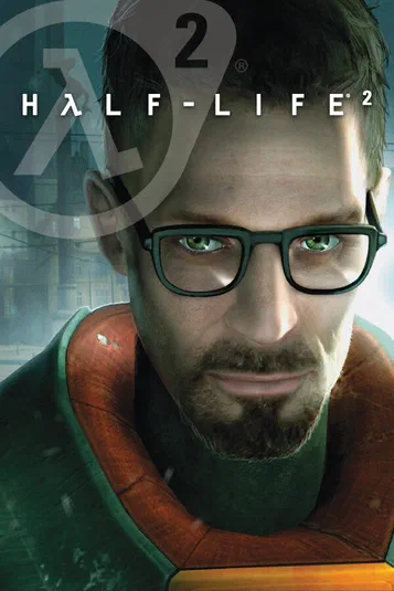 Affiche promotionnelle pour Half-Life 2 montrant un homme portant des lunettes et un collier orange.