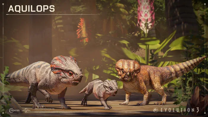 Trois dinosaures de type pachycéphalosauridés se tenant ensemble dans une forêt pour le jeu vidéo Jurassic World Evolution 3.
