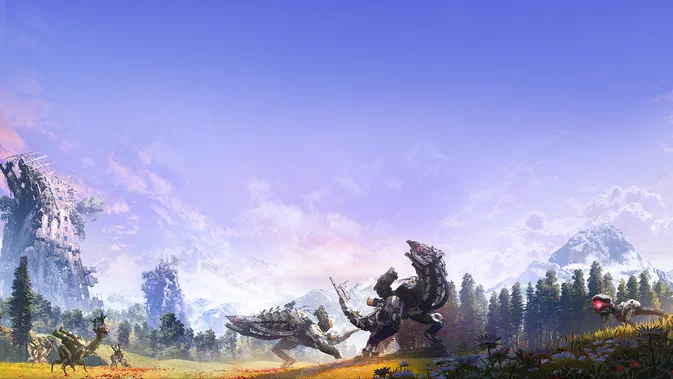 Dans Horizon Zero Dawn, des machines à l'aspect de dinosaures se déplacent dans un paysage verdoyant sous un ciel bleu.