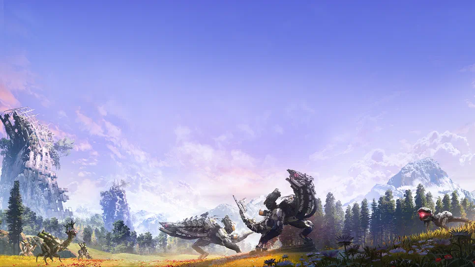 Horizon Zero Dawn™ Complete Edition Dans Horizon Zero Dawn, des machines à l'aspect de dinosaures se déplacent dans un paysage verdoyant sous un ciel bleu.