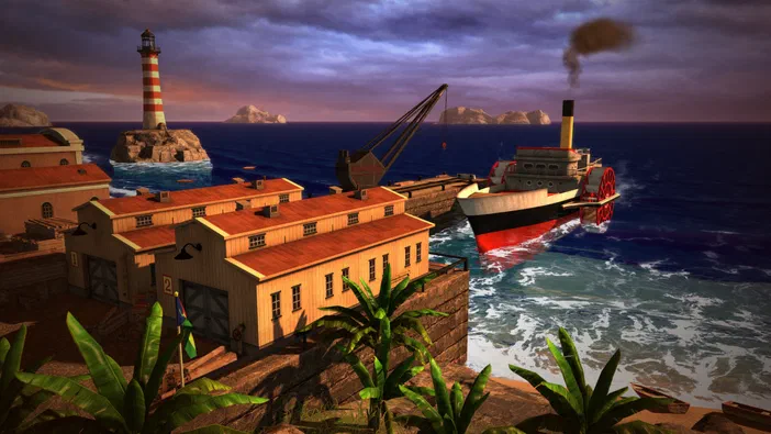 Port tropical avec un phare rouge et blanc sur roche isolée, un grand navire à roues rouges amarré au quai près d'une grue industrielle, des bâtiments en bois sous un ciel aux nuages violets.