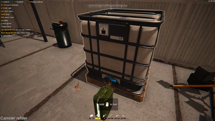 Capture d'écran du jeu vidéo Dinosaur Fossil Hunter montrant un grand réservoir blanc à renforts noirs et un bidon vert de carburant devant, avec une interface indiquant 'hold to fuel