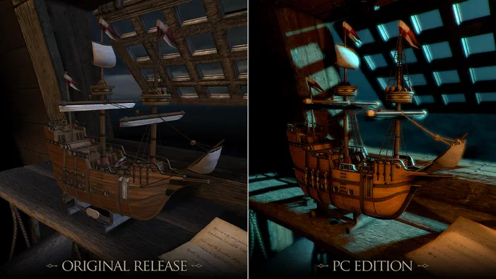 Comparaison visuelle entre deux versions du jeu The Room Two : la version originale à gauche montre le navire sous une lumière neutre, tandis que l'édition PC à droite met en valeur un éclairage dramatique avec des rayons lumineux bleus traversant les fenêtres.