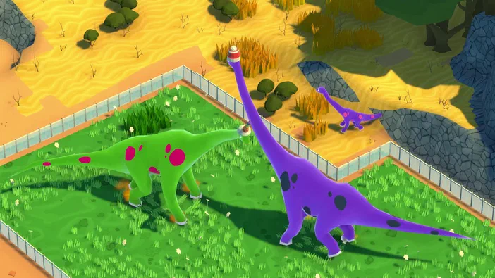 Capture d'écran du jeu Parkasaurus montrant trois dinosaures colorés dans un enclos herbeux bordé de sable et de rochers.