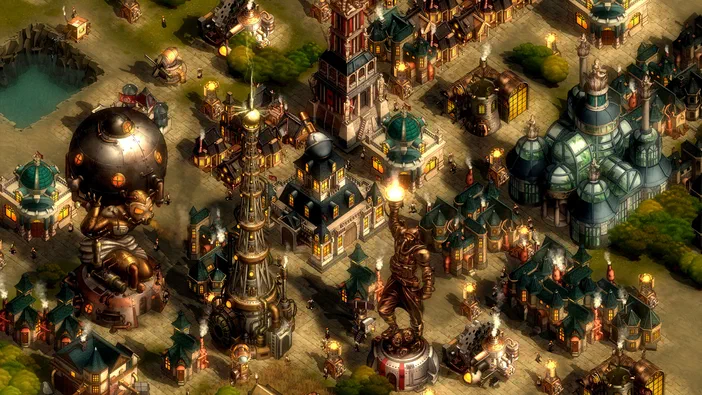 Capture d'écran du jeu vidéo They Are Billions montrant une ville en style steampunk avec des bâtiments industriels détaillés.