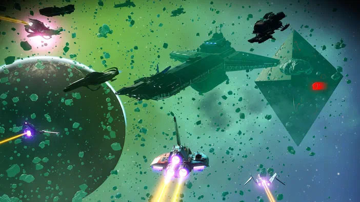 Plusieurs vaisseaux spatiaux naviguent en formation à travers un champ de débris orbitant une planète dans la capture d'écran du jeu vidéo No Man's Sky.