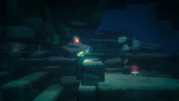 Capture d'écran du jeu vidéo Dave the Diver montrant un environnement sous-marin avec des rochers et des créatures bioluminescentes.