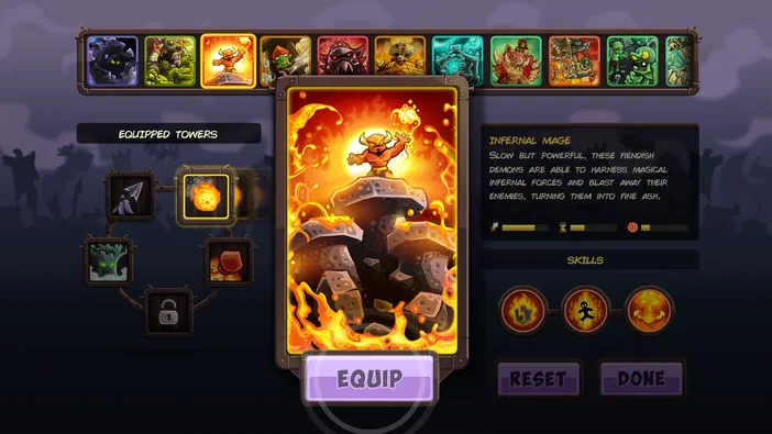 Interface de Kingdom Rush Vengeance montrant la sélection de la tour Infernal Mage au centre d'une rangée de tours disponibles et des options d'équipement.