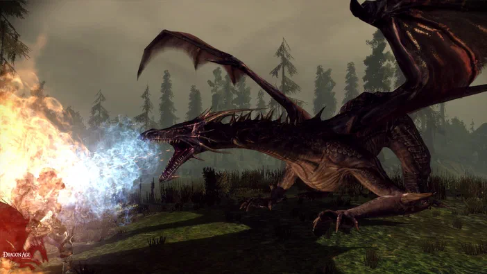 Un dragon de Darkspawn lance un sortilège mêlant feu et glace sur sa victime dans le jeu vidéo Dragon Age: Origins.