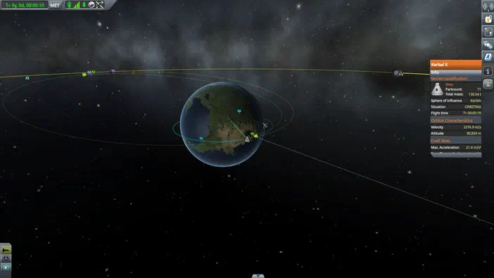 Vue spatiale montrant une planète avec des orbites tracées autour d'elle dans l'espace étoilé et un vaisseau spatial suivant une trajectoire pointillée.