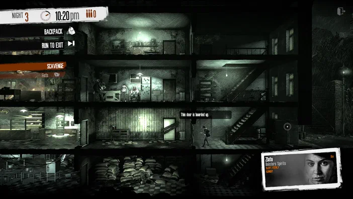 Capture d'écran du jeu vidéo This War of Mine montrant un bâtiment sombre avec des personnages à l'intérieur et une interface utilisateur affichant les options de menu.