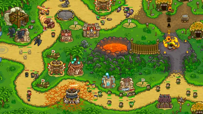 Screenshot du jeu vidéo Kingdom Rush Frontiers en mode stratégie affichant une carte avec des tours défensives, des troupes et des effets de combat comme 'KBOOM!' dans un style cartoon coloré.