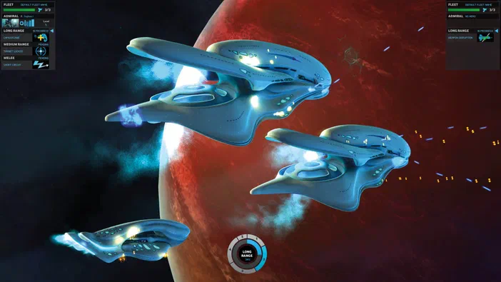 Capture d'écran du jeu vidéo ENDLESS Space™ - Definitive Edition montrant trois vaisseaux spatiaux bleus en formation devant une planète rouge.