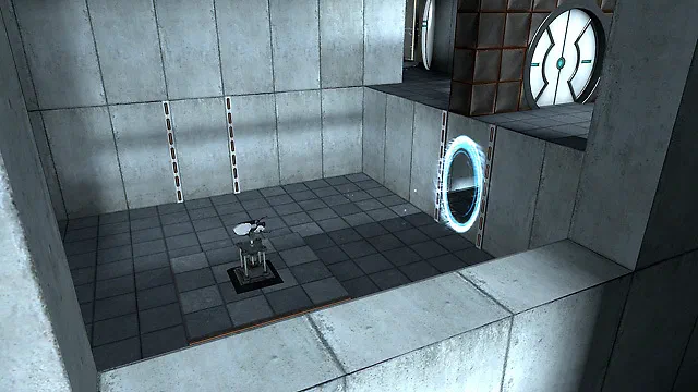 Capture d'écran du jeu vidéo Portal montrant une chambre de test avec des portails lumineux bleus et blancs sur les murs.