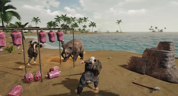 Survisland - Deux personnages sur un rivage tropical face à un ours ; l'un tient une lance près de viande crue suspendue.