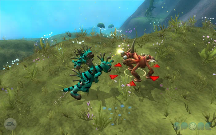 Dans le jeu vidéo Spore, deux petites créatures colorées se battent l'une contre l'autre sur un terrain verdoyant parsemé de fleurs et sous un ciel bleu.