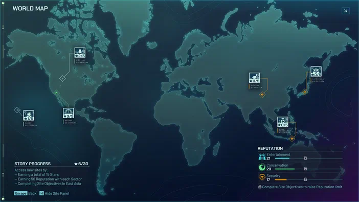 Carte du monde de style jeu vidéo montrant des emplacements sur plusieurs continents avec des panneaux indiquant le progrès de l'histoire et la réputation dans les secteurs Entertainment, Conservation et Security.