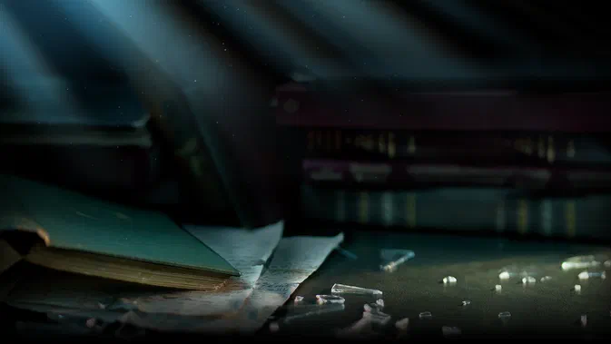 Scène sombre du jeu The Room 4: Old Sins montrant des livres anciens, des papiers froissés et de la poussière flottante éclairée par un rayon de lumière.