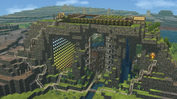 Screenshot du jeu vidéo Timberborn montrant une cité construite dans un canyon avec des bâtiments en bois et pierre, des rails de transport et des zones agricoles suspendues aux parois rocheuses.