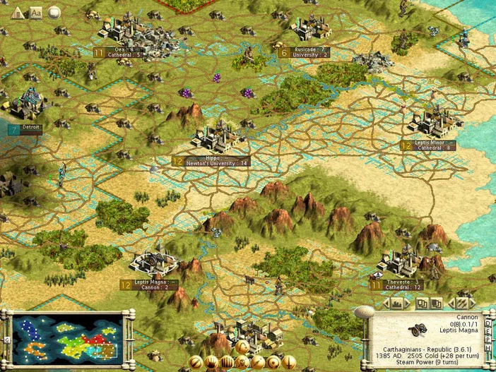 Capture d'écran du jeu vidéo Sid Meier's Civilization III: Complete affichant une vue isométrique de la carte stratégique avec plusieurs villes, unités et ressources dispersées sur un terrain varié incluant des plaines, forêts et montagnes.