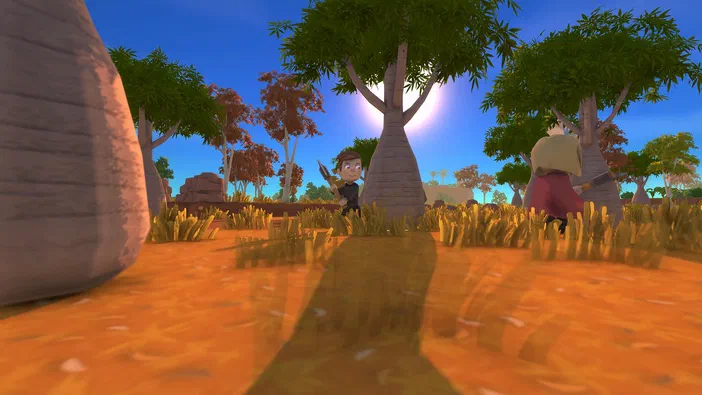 Dans une scène du jeu vidéo Dinkum, un personnage tient une hache au milieu d'un paysage avec des arbres et de l'herbe jaune sous un ciel bleu clair.