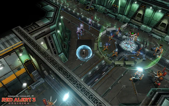 Capture d'écran du jeu vidéo Command & Conquer Red Alert 3 Uprising montrant des unités mécanisées dans une base militaire futuriste avec un bouclier énergétique bleu.
