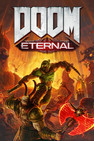 Affiche du jeu vidéo Doom Eternal montrant le titre en haut et les personnages principaux au centre, entourés de créatures démoniaques dans un décor infernal aux couleurs chaudes.