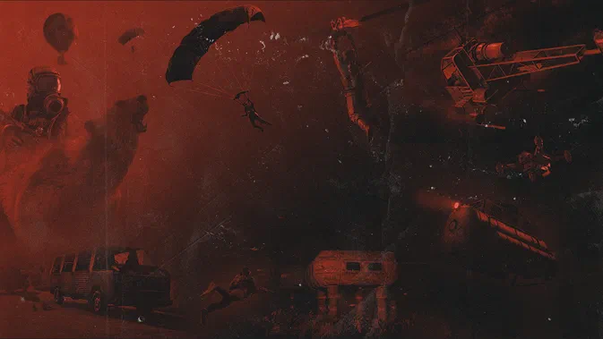 Fond d'écran du jeu vidéo Rust montrant une scène post-apocalyptique rougeâtre avec des parachutistes, un véhicule abandonné et des structures industrielles en ruine.