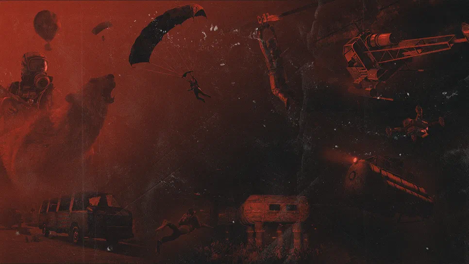 Rust Fond d'écran du jeu vidéo Rust montrant une scène post-apocalyptique rougeâtre avec des parachutistes, un véhicule abandonné et des structures industrielles en ruine.