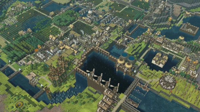 Dans le jeu vidéo Timberborn, vue isométrique d'une ville coloniale avec bâtiments en bois, champs cultivés et systèmes hydrauliques comme des barrages et moulins à eau.