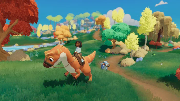 Capture d'écran du jeu vidéo Paleo Pines montrant une jeune fille chevauchant un dinosaure orange dans un paysage coloré et verdoyant.