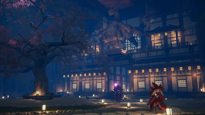 Capture d'écran du jeu Palworld montrant un bâtiment traditionnel japonais illuminé la nuit avec des lanternes et deux personnages devant.
