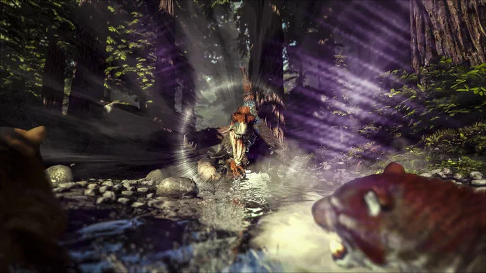 Capture d'écran du jeu vidéo ARK: Survival Evolved montrant un dinosaure dans une rivière entourée de forêts avec des rayons lumineux.