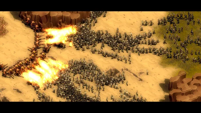 Dans le jeu vidéo They Are Billions, des soldats tirent sur une armée de zombies en plein désert.