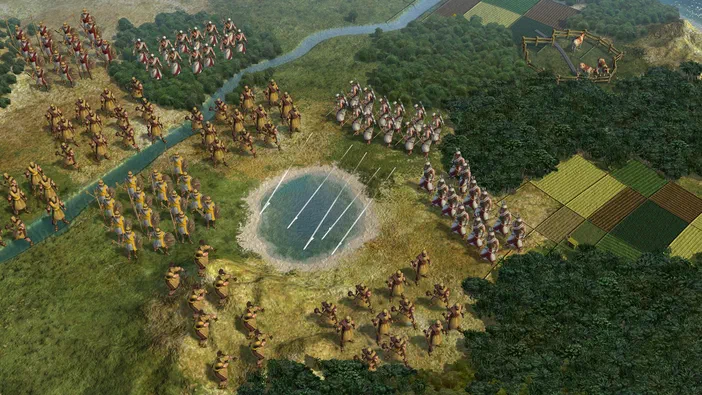 Capture d'écran de Sid Meier's Civilization V montrant une vue aérienne d'une carte avec des unités militaires et un village.