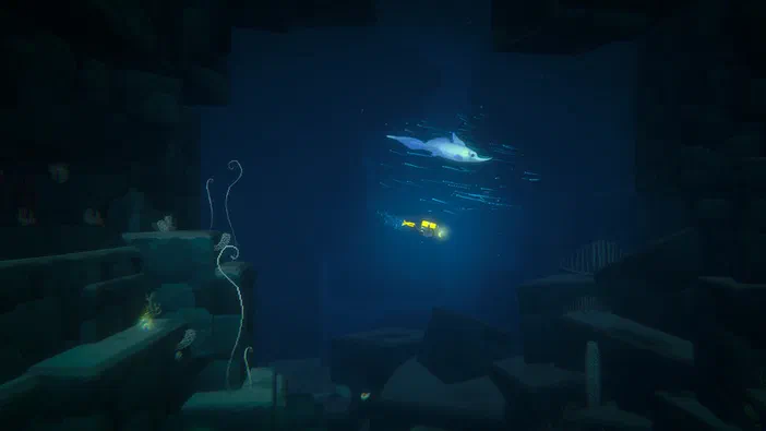 Capture d'écran du jeu Dave the Diver montrant un plongeur sous-marin avec une lampe torche et des poissons dans une grotte sombre.