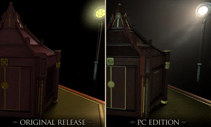 Comparaison de la version originale et PC Edition du jeu The Room montrant une boîte en bois avec des détails dorés sous un éclairage différent.