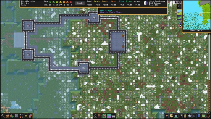 Capture d'écran du jeu de stratégie Dwarf Fortress montrant une base naine construite sur un terrain accidenté avec des ressources et des bâtiments.