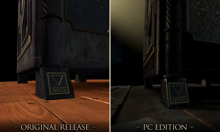 Comparaison de la version originale et PC Edition du jeu The Room montrant un objet sombre avec une étiquette WATER sur un plancher en bois.